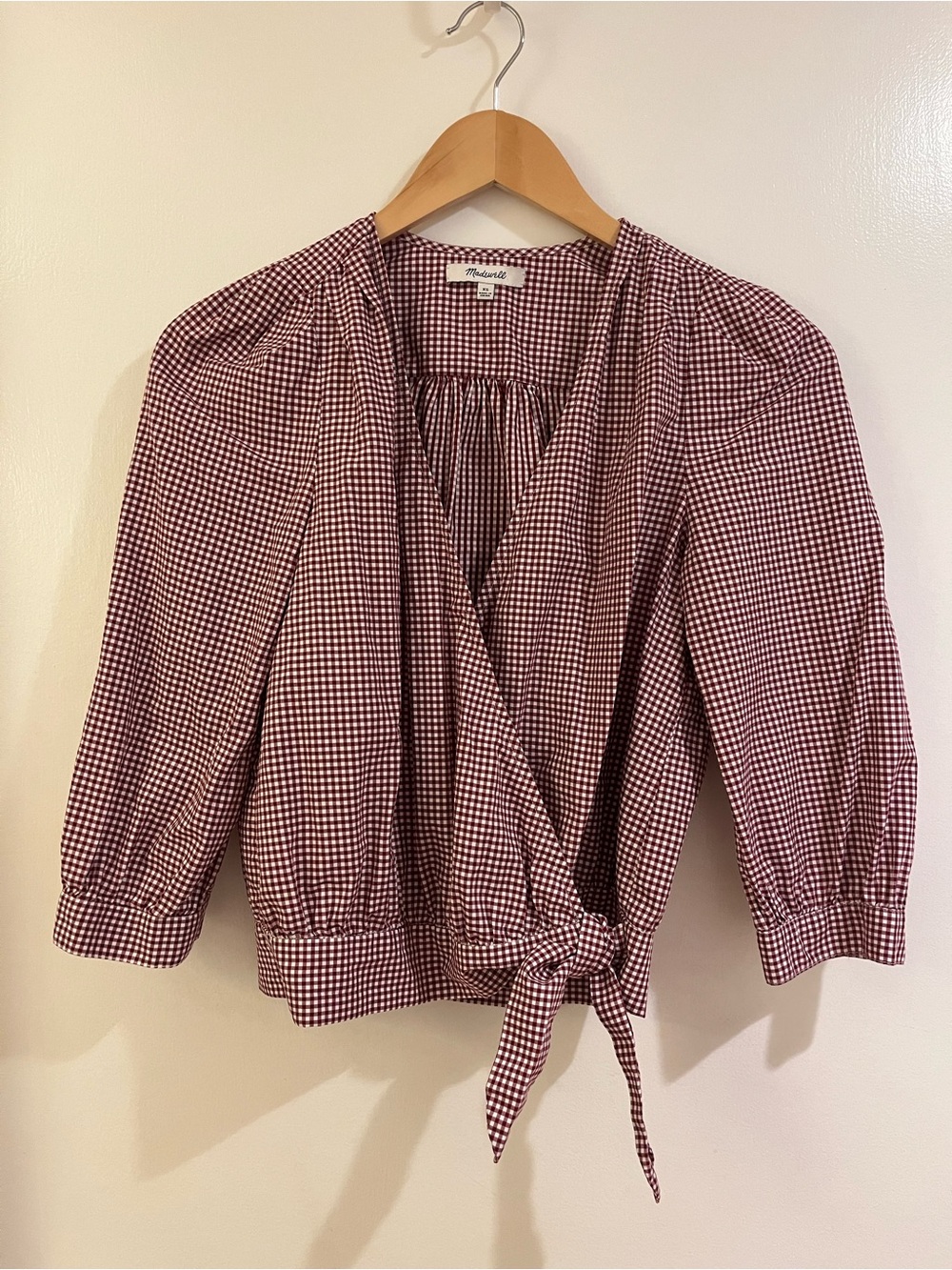 Madewell Maroon Gingham Wrap Top with Tie Waist